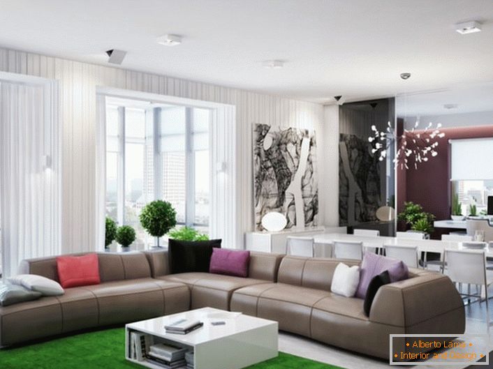 Living room in the Art Nouveau style in the studio apartment. It is interesting color design of the room.