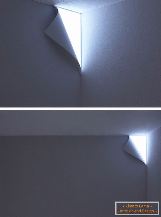 Luminaire in the wall in the form of a folded edge of paper