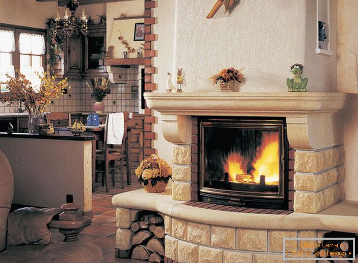 A cozy, light fireplace with a modern firebox and heat-resistant glass. Shelves on the fireplace for memorabilia and family photos.