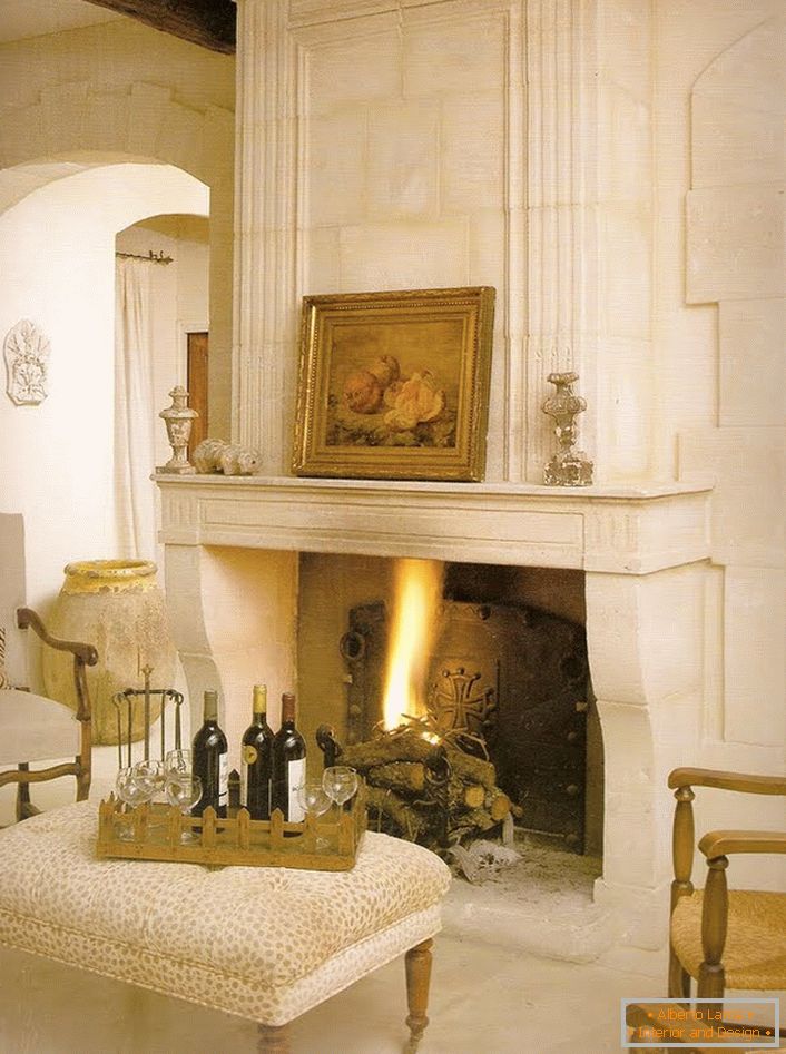 A fireplace in country style in a country house on the Mediterranean coast.