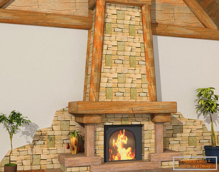 Modern fireplace project rustic in a log house. Facing with a local natural stone.