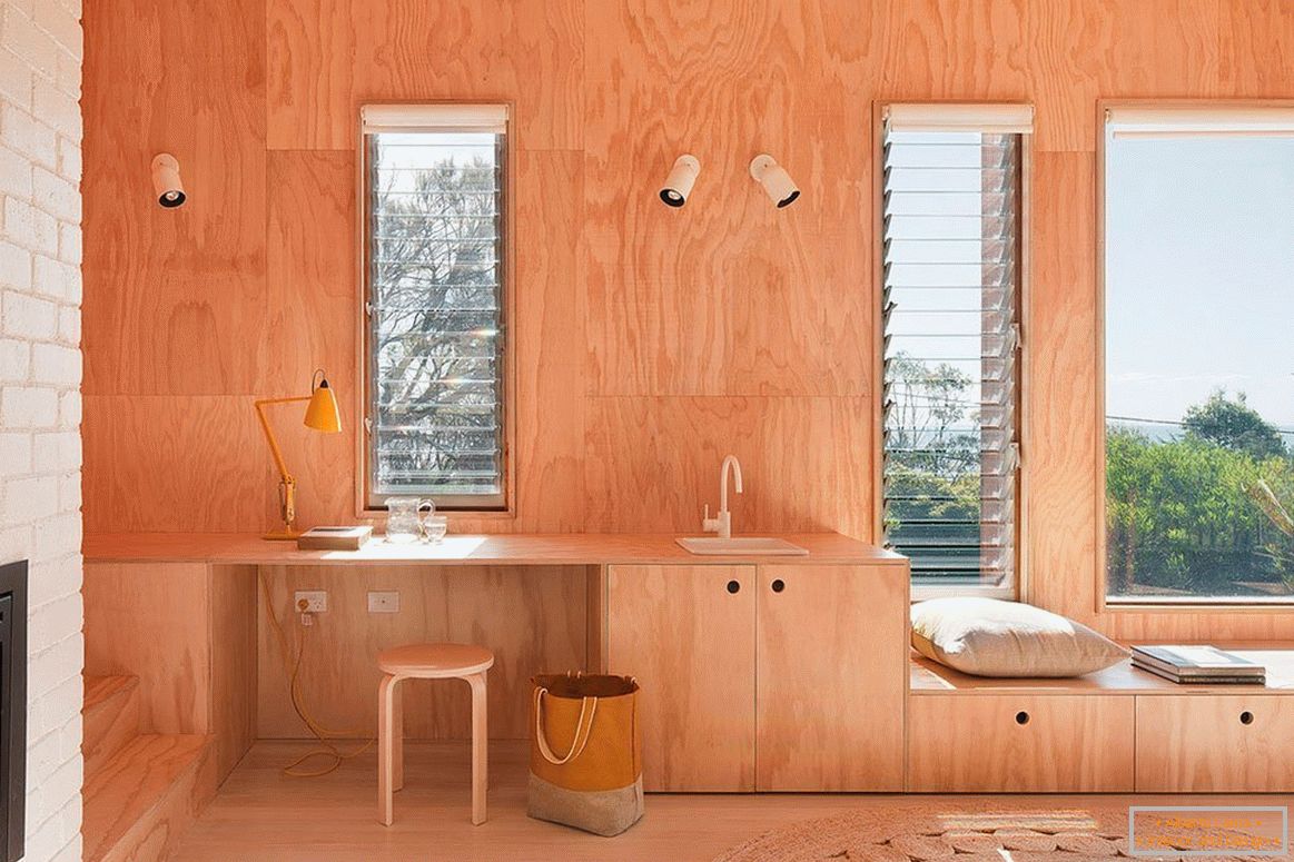 Room with plywood on the walls
