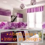 Purple kitchen with a white dining area