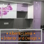 Design of a small gray-purple kitchen