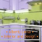 Design of a small green and purple kitchen