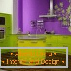 Design of stylish green and purple kitchen