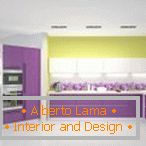 Spacious yellow and purple kitchen