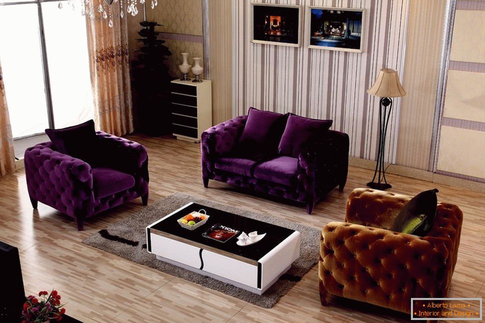 Purple upholstered furniture in the living room