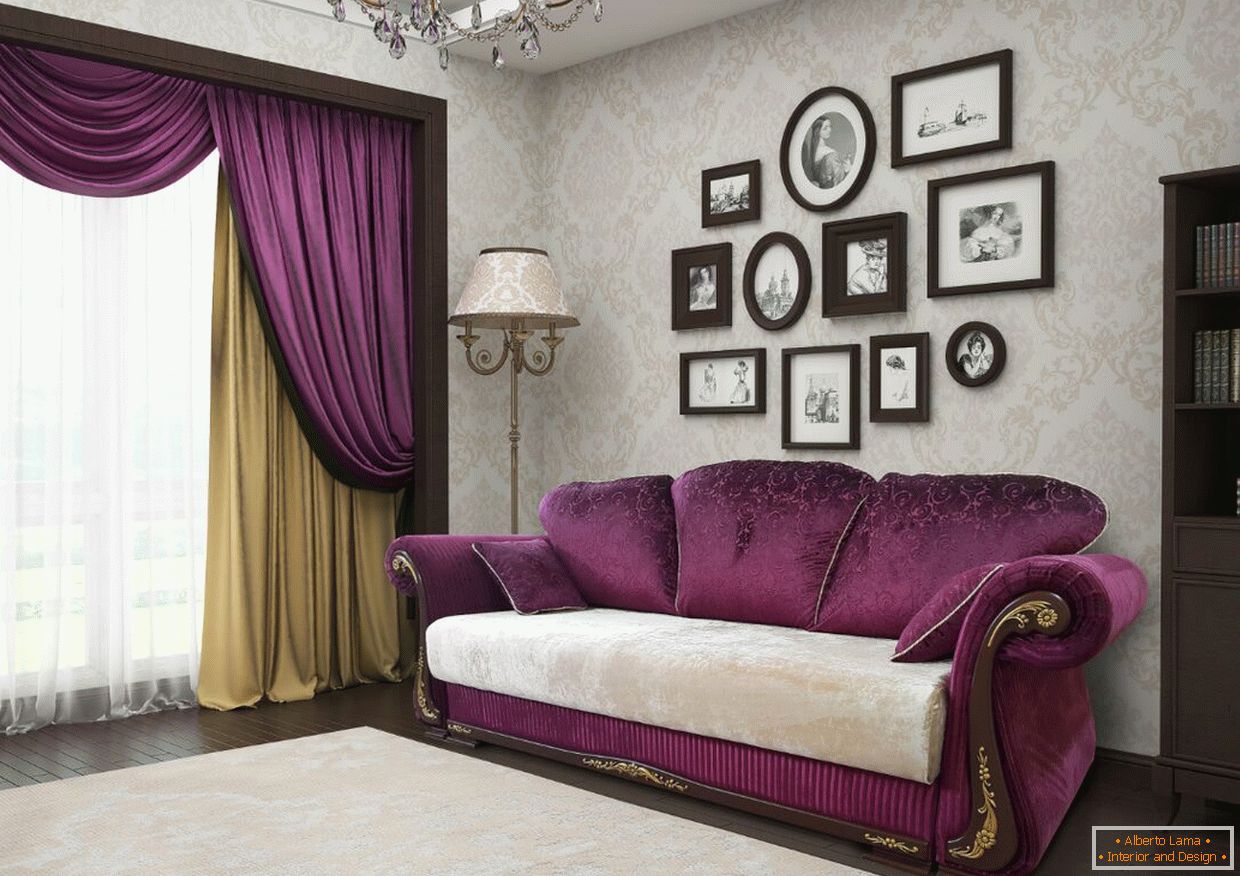 Purple sofa and curtains in the interior