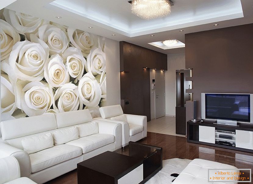 White roses on the wall in the living room