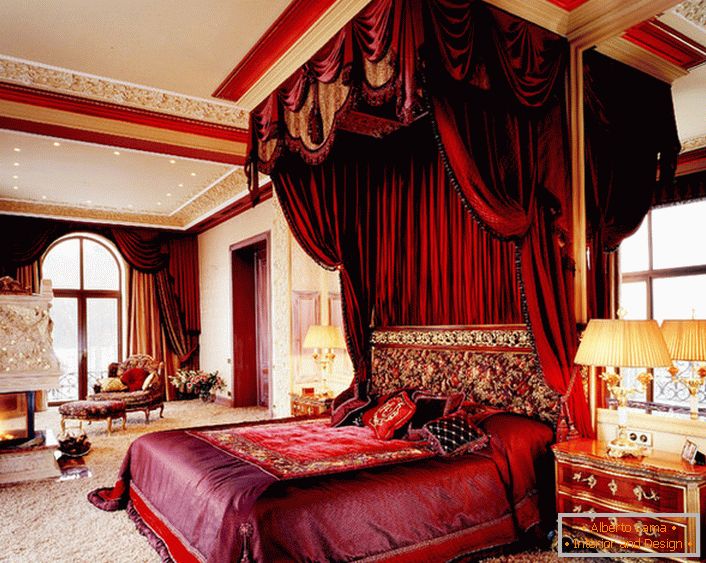 Massive bright scarlet canopy fits perfectly into the overall picture of the interior. Interesting combination of canopy over the bed and curtains.