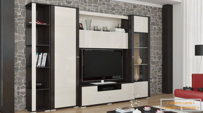 White-black modular wall for a large living room.