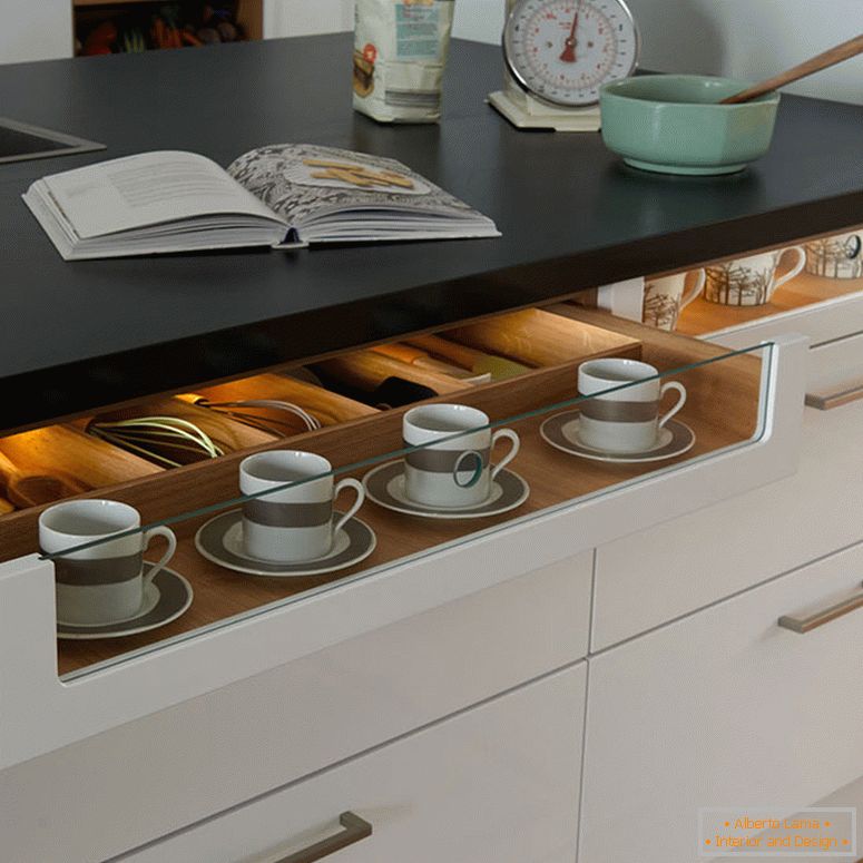 Table with built-in drawers in the small kitchen