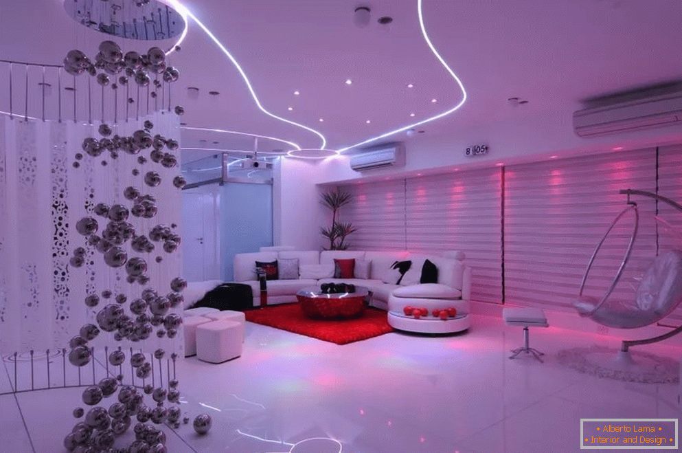 Interior in the style of Futurism в светлых тонах с цветной подсветкой