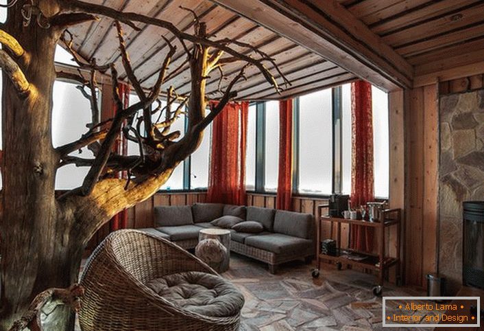 Guest room in country style in a cozy hunting house.