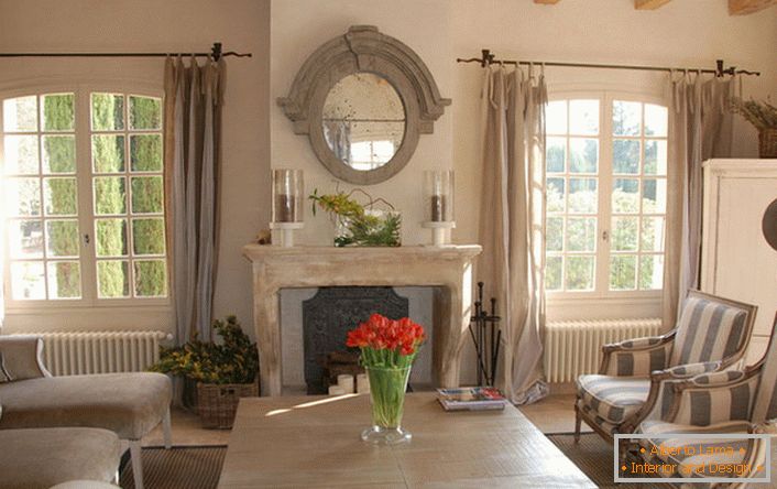 Living room in the style of country with notes of romanticism. Beautiful large windows and comfortable home furniture. Great idea for a big family.