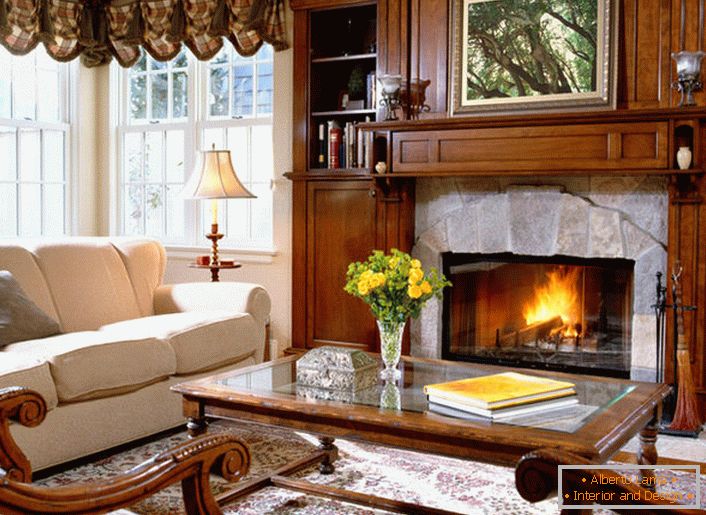 Living room is made in the style of Scandinavian country. Rough furnish of the fireplace, massive furniture, varnished