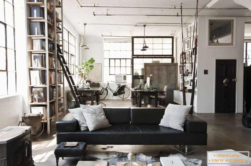 Black-and-white lounge design in loft style