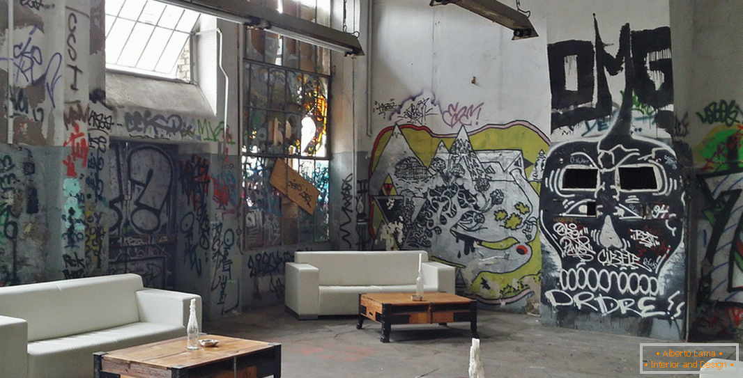 Interior in loft style with graffiti