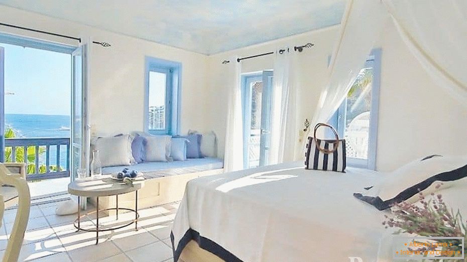 Very light bedroom in Greek style with panoramic windows
