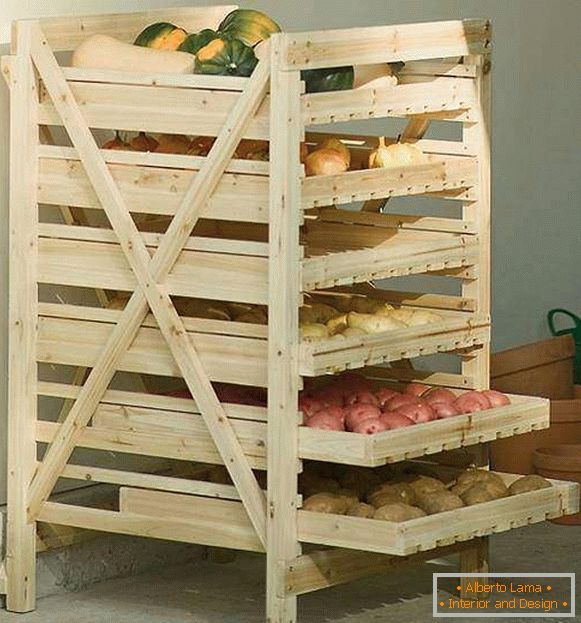 Wooden shelf for storing vegetables in the pantry