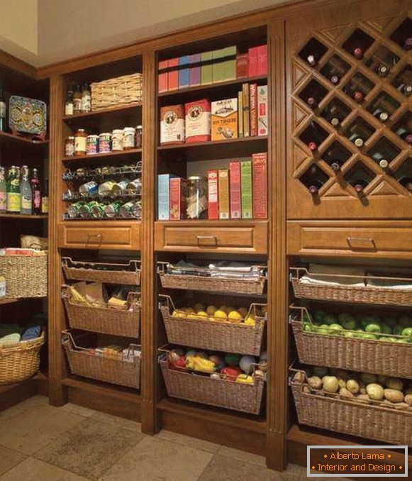 Wicker baskets for vegetables in the design of a pantry