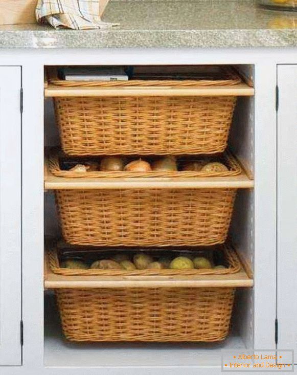 Storage of vegetables and fruits in the kitchen in baskets