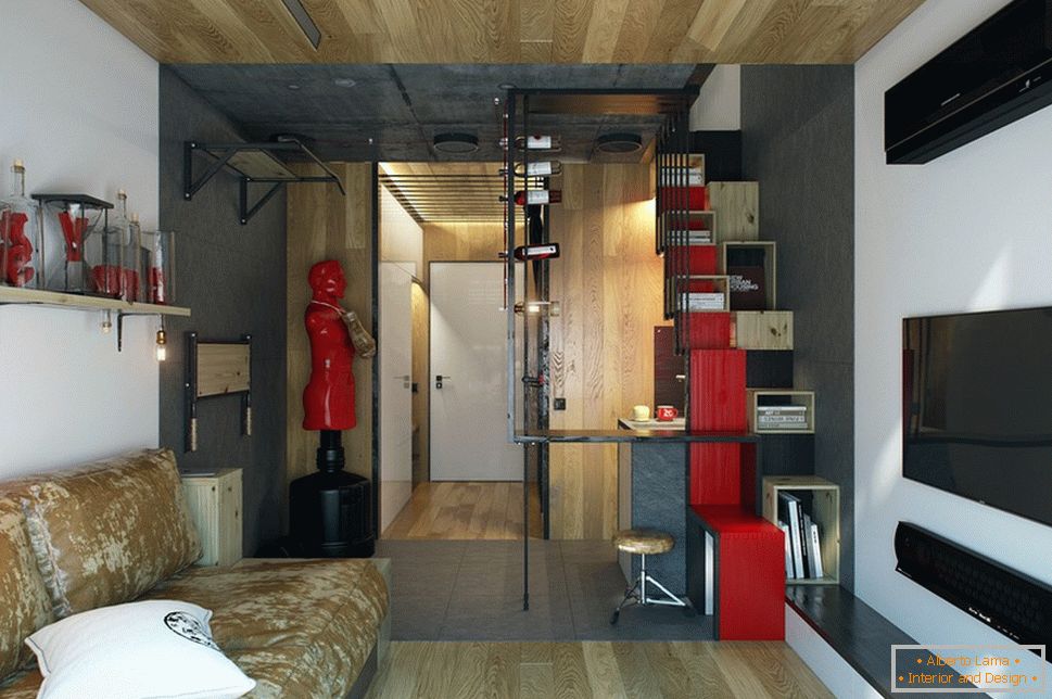 Red and black accents in the interior of the bright living room