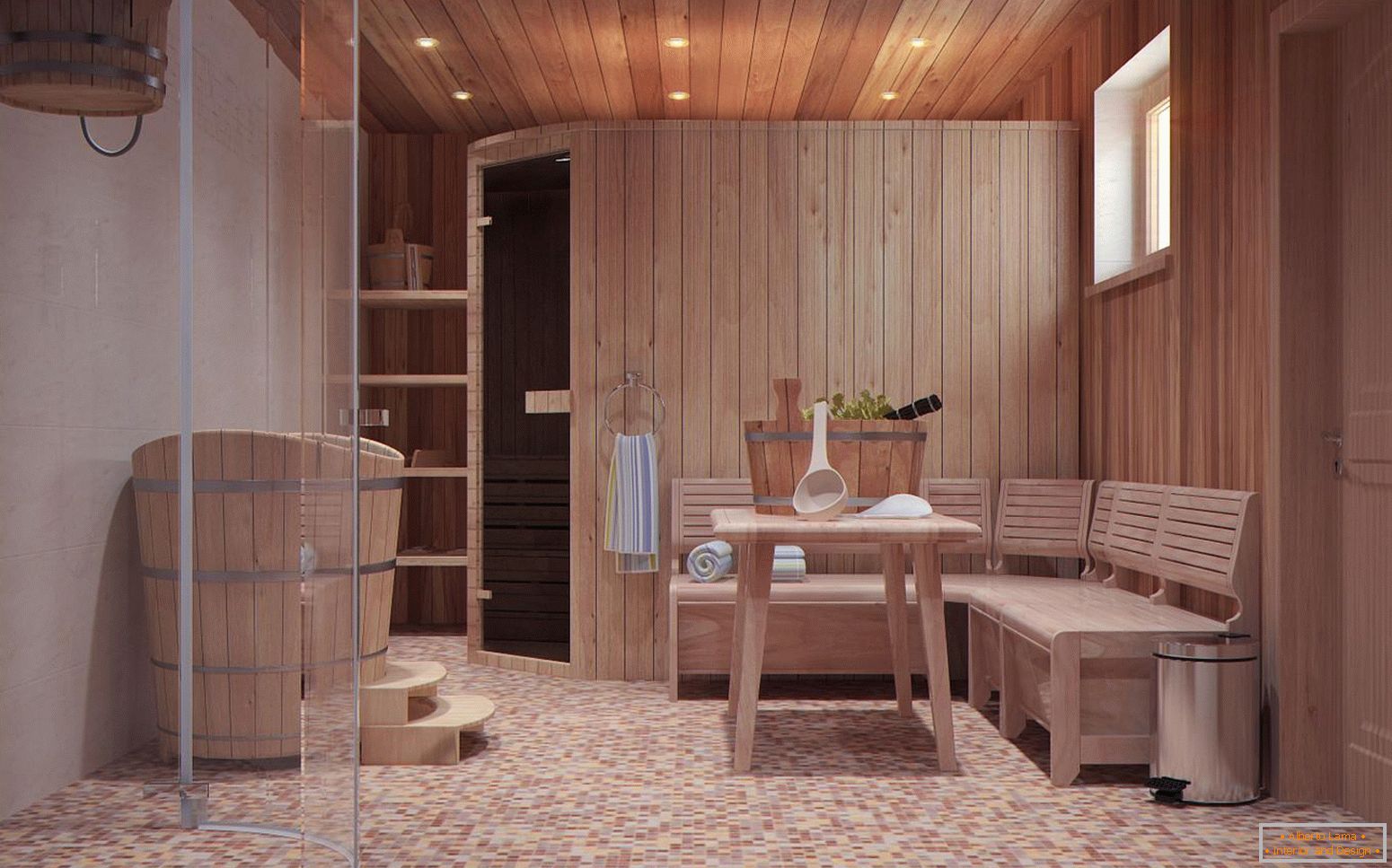 A relaxation room in a Scandinavian style bathhouse