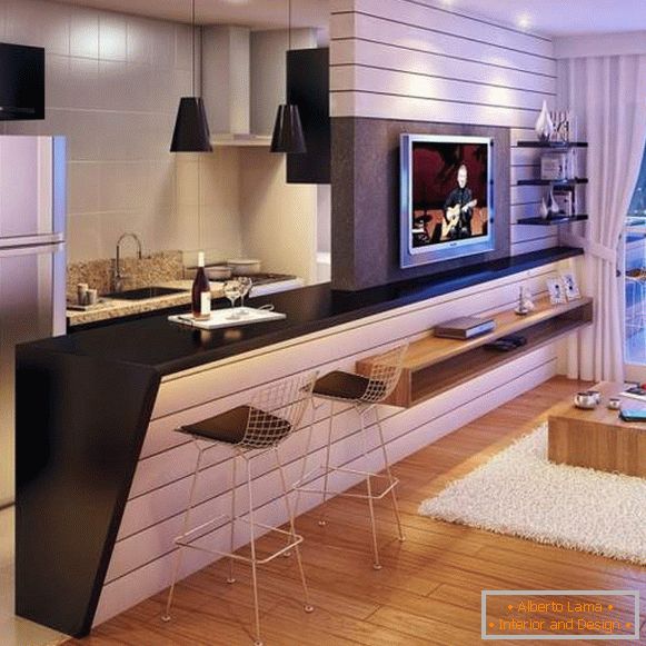 Design project of one-room studio apartment with a bar counter