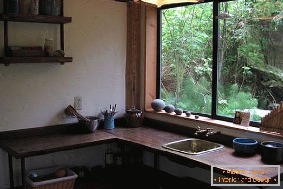 Kitchen of a small forest cottage in Japan