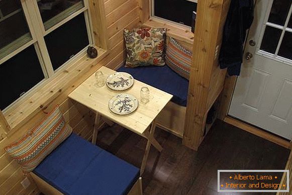 Interior of a small cottage on wheels Duck Chalet