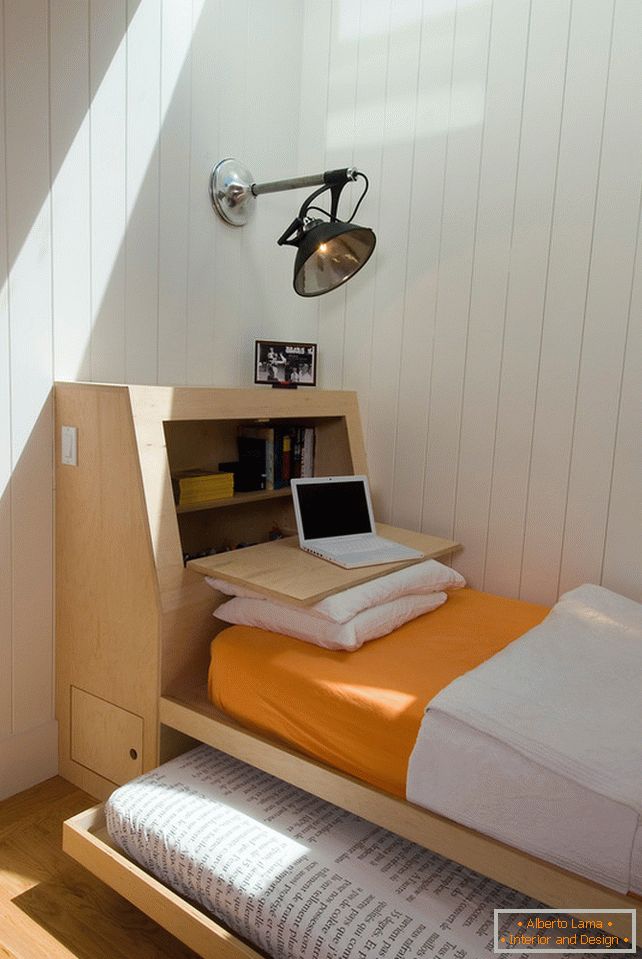 Sliding bed in the interior of a small bedroom