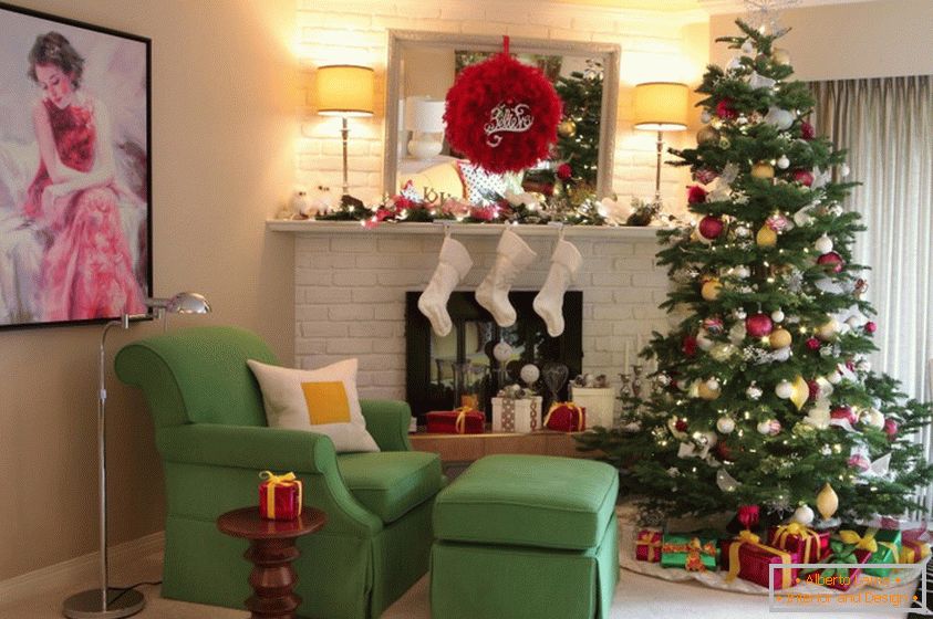 Beautiful decoration of the living room with a fireplace for the new year