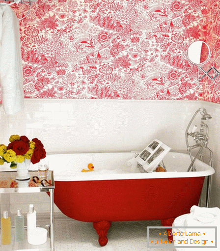 Red accents in the design of the bathroom