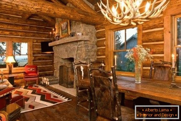Interior of a wooden house inside - photos in the style of a chalet