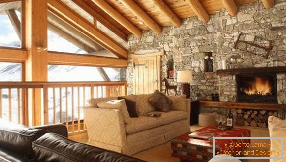 Design of a wooden chalet with stone wall decoration inside