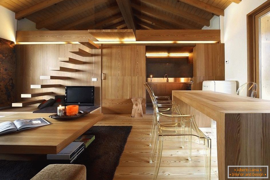 Light wood in the combined living room and kitchen