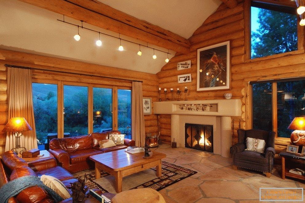 House of logs with fireplace
