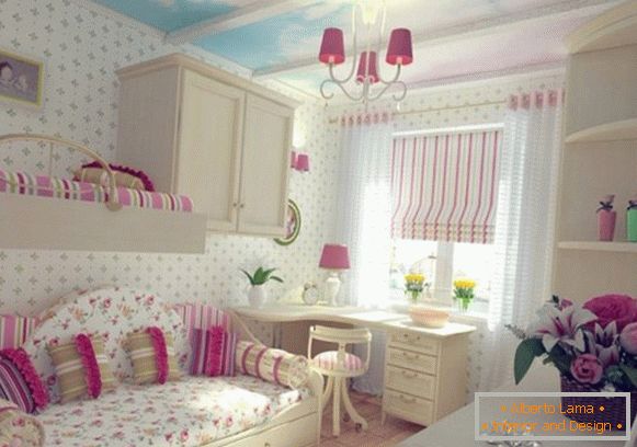 interior with white wallpaper and blue sky for a children's room for two girls