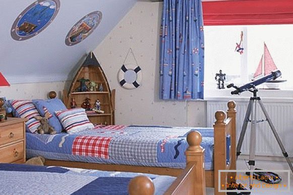 interesting interior of a children's bedroom for boys in the attic