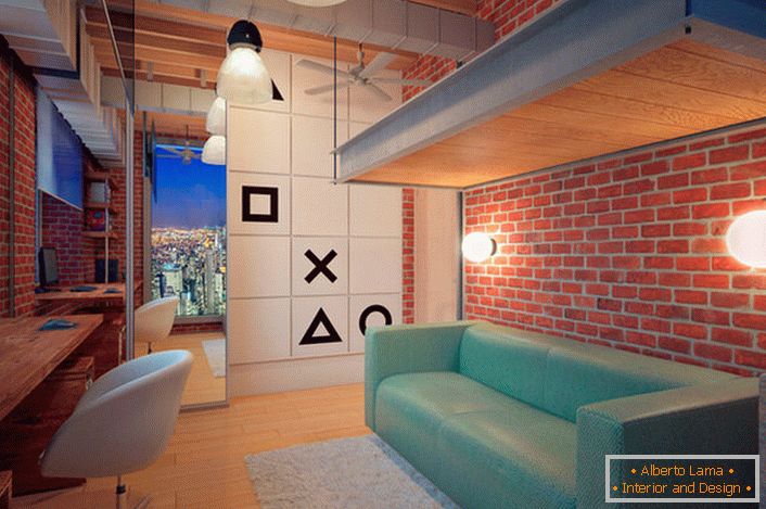 Children's room in the loft style for a teenager is brightly decorated. Brick masonry, open communications, specific lighting - everything that is necessary for the organization of loft interior.