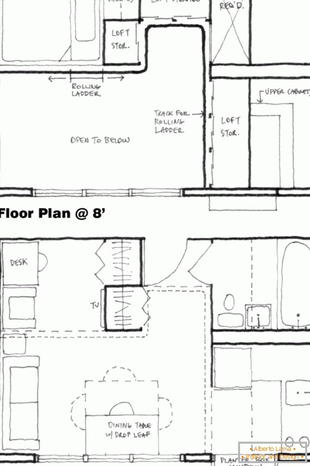 The layout of a two-level studio apartment