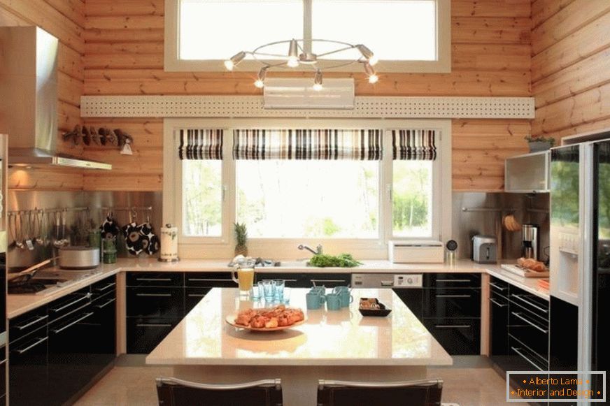 U-shaped kitchen in a house made of lumber
