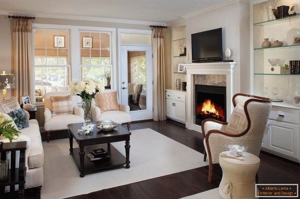 Bright living room with fireplace in the house