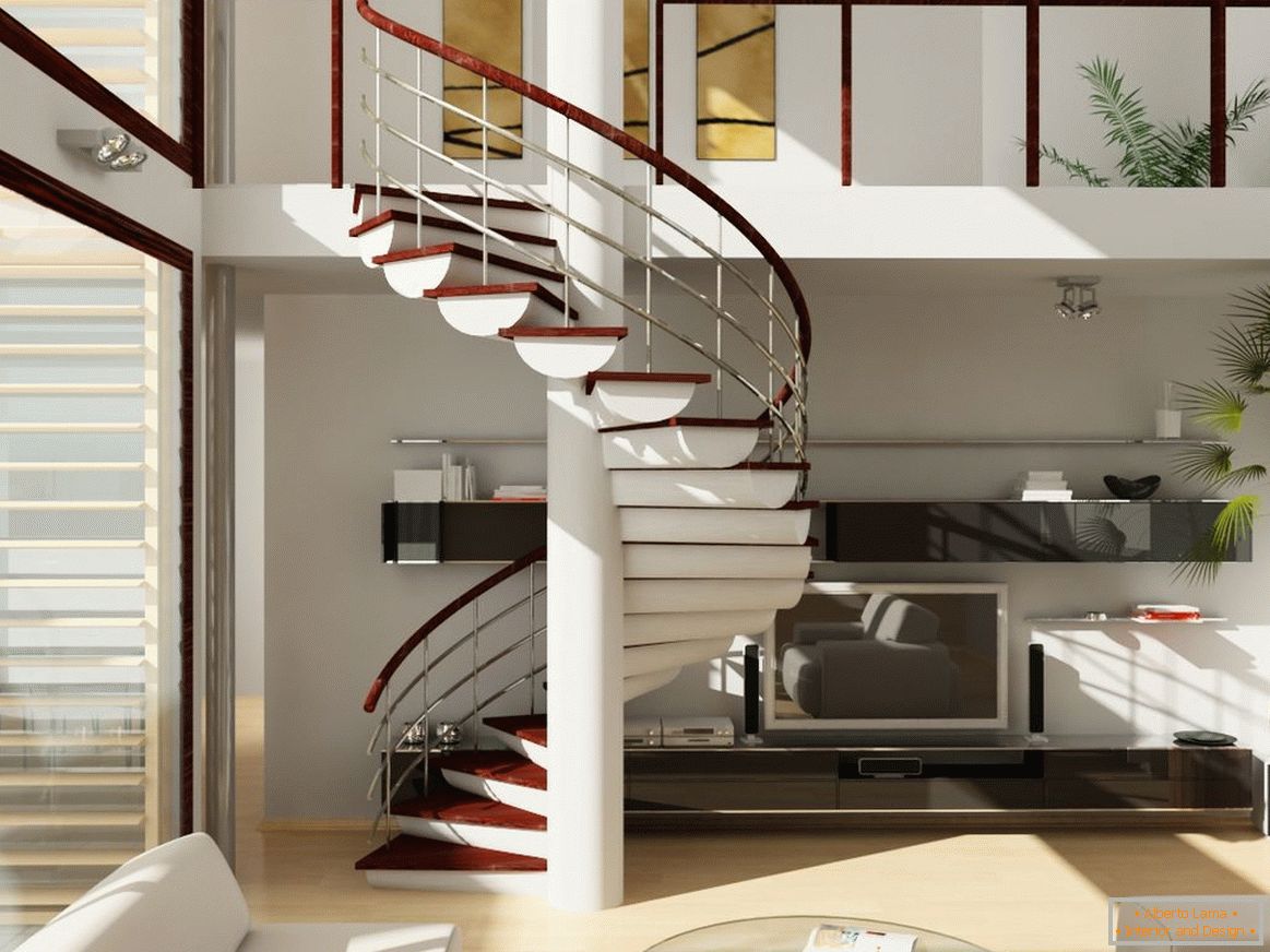 Living room with spiral staircase