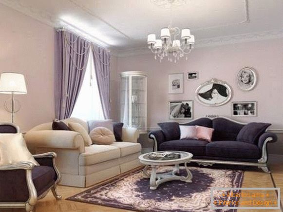 The interior of the classic living room in a private house в сиреневых тонах