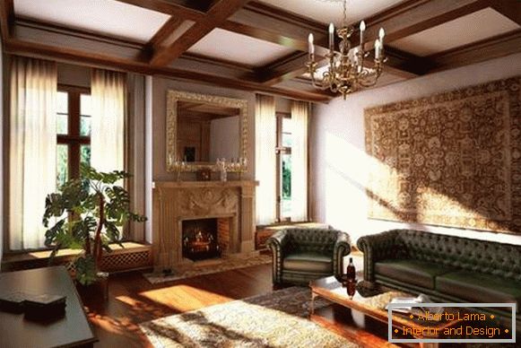 Interior of the living room with a fireplace in a private house - classic style