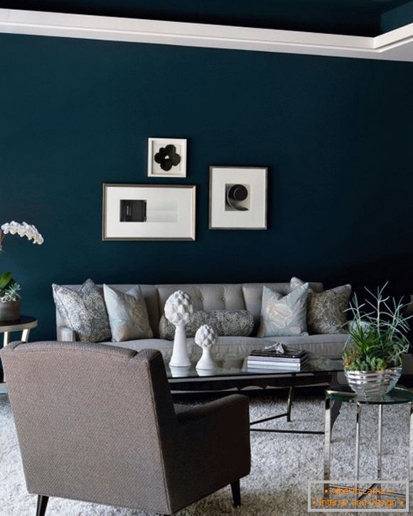 Modern living room with black wallpaper