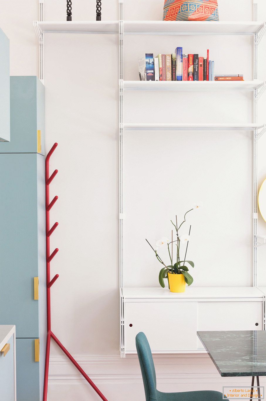 Open shelves in a compact apartment